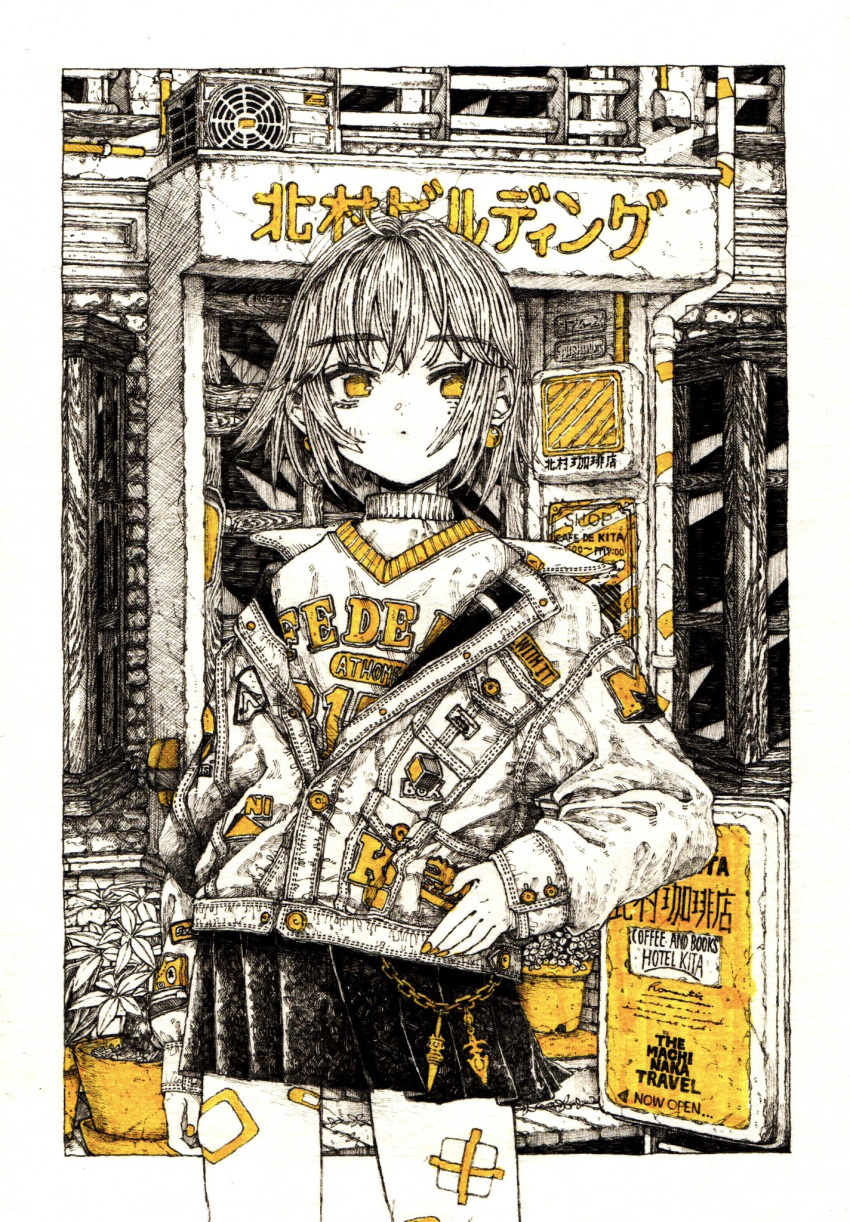 bandaid black_skirt border building chains cowboy_shot female highres kitamurashu long_sleeves looking_at_viewer monochrome off_shoulder original outdoors outside_border plant potted_plant skirt solo sweater white_border yellow_eyes yellow_nails