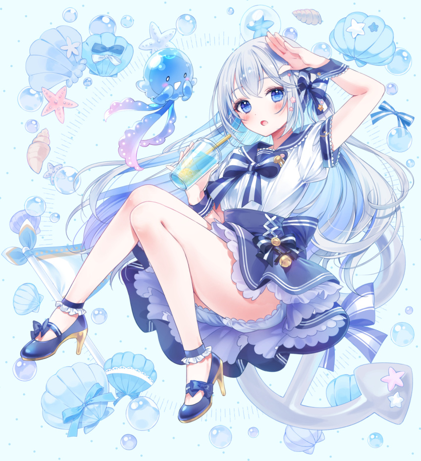 a20_(atsumaru) aitsuki_nakuru blue_bow blue_bowtie blue_eyes blue_footwear blue_hair blue_sailor_collar blue_skirt blush bow bowtie female frilled_skirt frills hair_ornament high_heels highres jellyfish la_priere light_blue_hair long_hair parted_bangs sailor_collar school_uniform serafuku short_sleeves skirt solo utaite