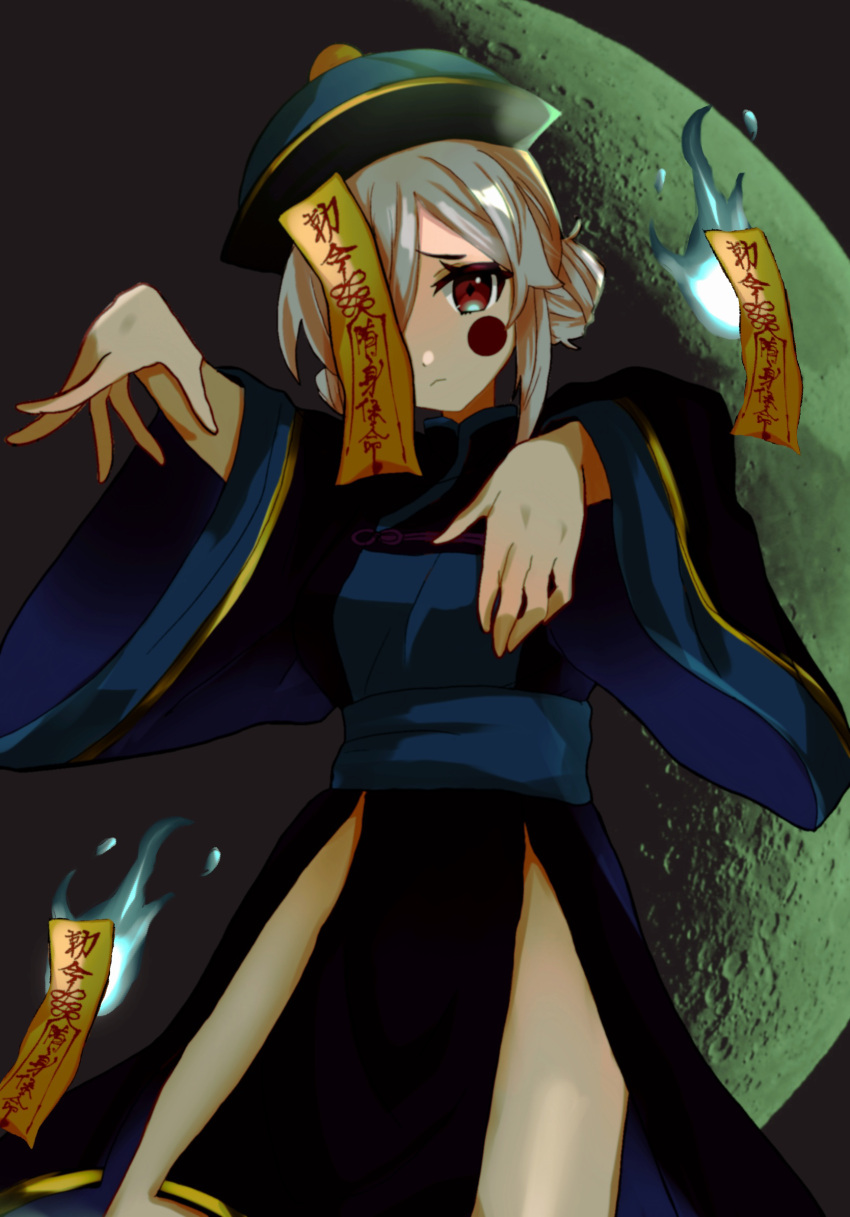 chinese_clothes female frown guardian_tales hair_over_one_eye hand_up hat highres hitodama jiangshi looking_at_viewer maritikaand official_alternate_costume ofuda one_eye_covered outstretched_arms red_eyes scrivener_lahn simple_background solo white_hair zombie_pose