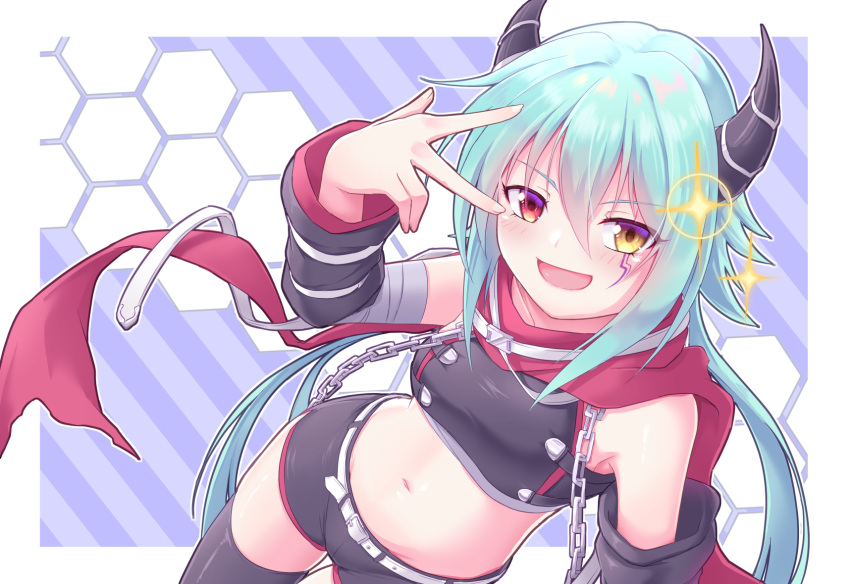 :d anna_(princess_connect!) aqua_hair arm_up bandaged_arm bandages bare_shoulders belt black_horns black_shirt black_shorts black_sleeves black_thighhighs blush breasts chains chuunibyou commentary_request cowboy_shot crop_top detached_sleeves dutch_angle facial_mark female groin hair_between_eyes heterochromia highres horns long_hair looking_at_viewer midriff navel open_mouth princess_connect! red_eyes red_scarf saisyuusensi scarf shirt short_shorts shorts sidelocks single_thighhigh skindentation sleeveless sleeveless_shirt small_breasts smile solo sparkle standing thigh_gap thighhighs v_over_eye white_belt yellow_eyes