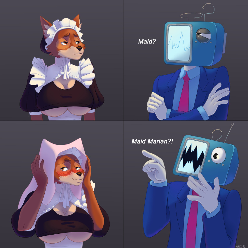 1:1 4_panel_comic absurd_res anthro big_breasts blush breasts canid canine clothing disney duo electronics female for_a_head fox headgear headwear hi_res kelnich maid_headdress maid_marian maid_uniform male male/female mammal meme multicolored_body narrowed_eyes necktie nikkosha object_head open_mouth perry_the_platypus phineas_and_ferb red_fox red_necktie robin_hood_(disney) screen screen_face screen_head squint suit surprised_expression television text true_fox tv_head two_tone_body under_boob uniform