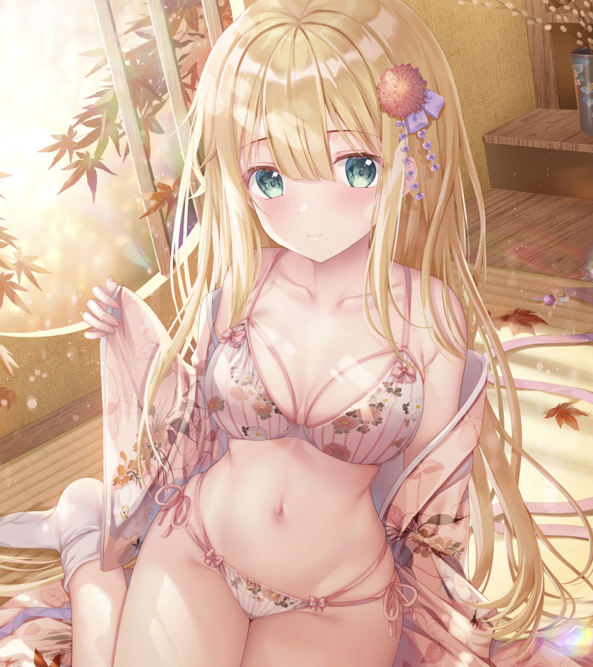 absurdres bare_shoulders blonde_hair blush bra breasts collarbone female green_eyes hair_between_eyes hair_ornament highres inagaki_minami indoors japanese_clothes kimono leaf long_hair looking_at_viewer navel open_clothes open_kimono panties print_bra print_kimono simple_background sitting small_breasts smile socks solo sousouman sunlight tattoo twinbox_school underwear white_background white_bra white_socks wide_sleeves window