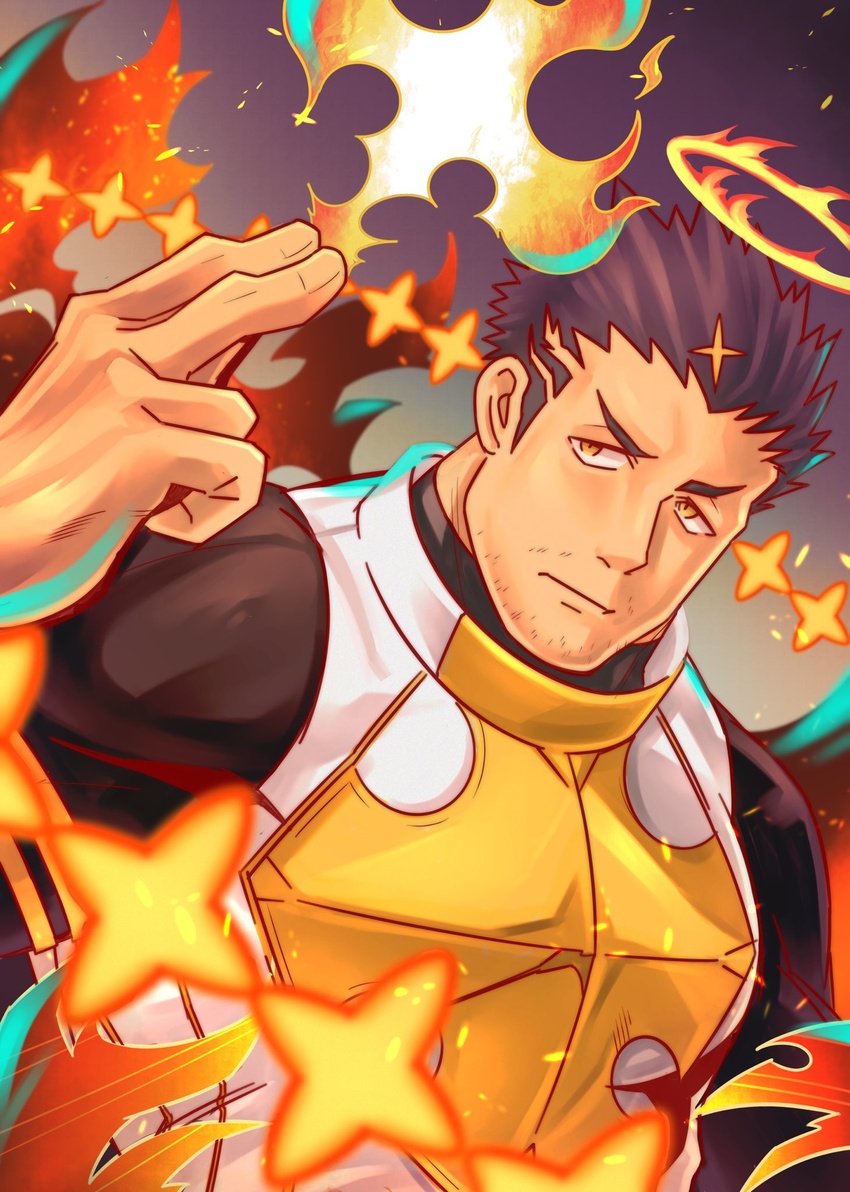 1boy bara beard black_bodysuit black_hair bodysuit commentary ex65679708 facial_hair fire flaming_halo halo hand_up highres male_focus mature_male muscular muscular_male sideburns simple_background skin_tight solo star_(symbol) stubble tokyo_afterschool_summoners upper_body yellow_eyes zabaniyya_(housamo)