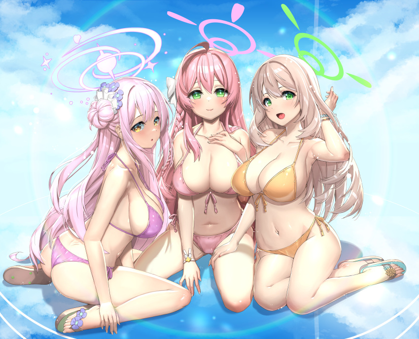 3girls absurdres alternate_costume ass beach bikini blue_archive blue_sky blush bracelet breasts cleavage cloud cloudy_sky commission day flip-flops front-tie_bikini_top front-tie_top green_eyes halo halterneck hanako_(blue_archive) highres ichihachiyon jewelry large_breasts long_hair looking_at_viewer mika_(blue_archive) multiple_girls navel nonomi_(blue_archive) nonomi_(swimsuit)_(blue_archive) official_alternate_costume open_mouth outdoors pink_bikini pink_hair pink_halo pixiv_commission sandals side-tie_bikini_bottom sitting sky smile stomach string_bikini swimsuit wariza yellow_bikini