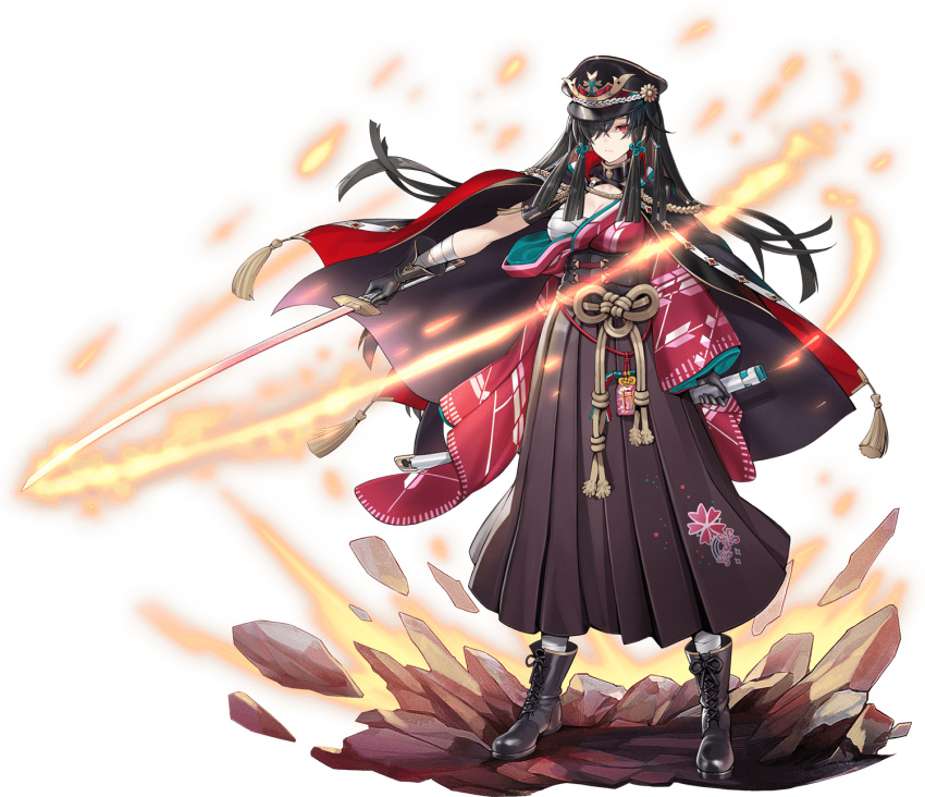 ark_order artist_request bandaged_arm bandaged_leg bandages black_cape black_gloves black_hair black_hat boots breasts brown_footwear brown_skirt cape cleavage expressionless faux_figurine female fire full_body gloves hadanugi_dousa hakama hakama_skirt hat highres holding holding_sheath holding_sword holding_weapon japanese_clothes katana kimono large_breasts long_hair long_skirt long_sleeves looking_at_viewer military_hat official_art one_eye_covered ookuninushi_(ark_order) pink_kimono red_eyes sarashi sheath sidelocks single_bare_shoulder skirt solo standing sword taishou transparent_background unsheathed variant_set very_long_hair weapon wide_sleeves yagasuri