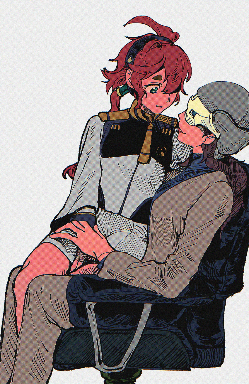 2girls absurdres ahoge armchair asticassia_school_uniform babakun black_hairband brown_hair chair grey_jacket grey_pants gundam gundam_suisei_no_majo hair_between_eyes hairband helmet highres jacket long_hair long_sleeves looking_at_another low_ponytail mask mother_and_daughter multiple_girls pants prospera_mercury red_hair red_lips school_uniform shorts shoulder_boards simple_background sitting sitting_on_lap sitting_on_person smile suletta_mercury thick_eyebrows white_jacket white_shorts wide_sleeves