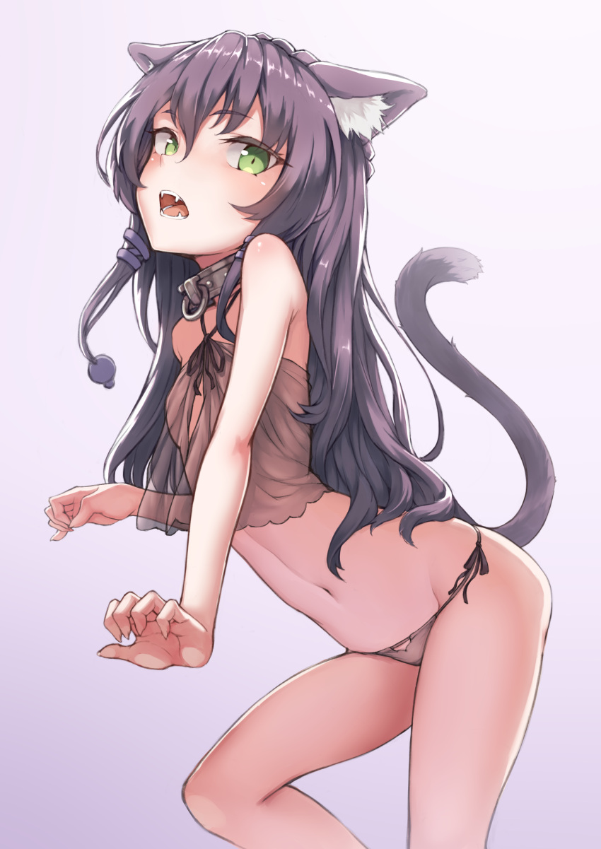 absurdres animal_ear_fluff animal_ears babydoll bare_arms bare_shoulders black_hair brown_panties brown_shirt cat_ears cat_girl cat_tail collar crop_top fangs female gradient_background green_eyes groin hair_between_eyes highres isekai_maou_to_shoukan_shoujo_no_dorei_majutsu long_hair long_torso looking_at_viewer metal_collar navel open_mouth panties rem_galeu ryuinu shirt side-tie_panties solo stomach string_panties tail tail_raised thighs underwear