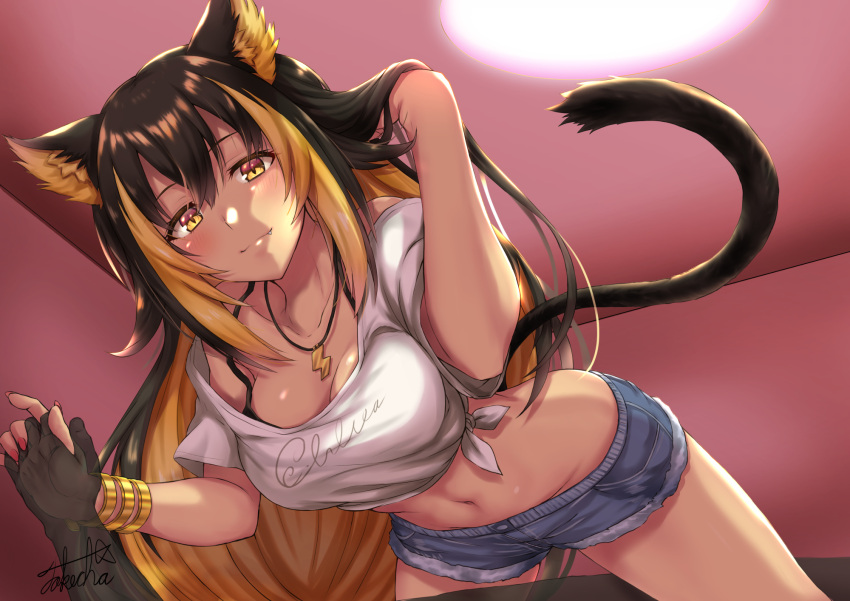 1boy animal_ears bare_shoulders black_hair blonde_hair blush bracelet breasts cat_ears cat_tail ceiling_light cleavage closed_mouth clothes_writing collarbone commentary_request cowboy_shot cutoffs denim denim_shorts fang_out female groin hair_between_eyes highres holding_hands indie_virtual_youtuber indoors invisible_man jewelry large_breasts looking_at_viewer midriff multicolored_hair navel nekoyo_chloe oerba_yun_fang see-through shirt short_shorts short_sleeves shorts sidelocks signature slit_pupils smile solo_focus standing streaked_hair tail takecha tied_shirt transparent two-tone_hair virtual_youtuber white_shirt yellow_eyes