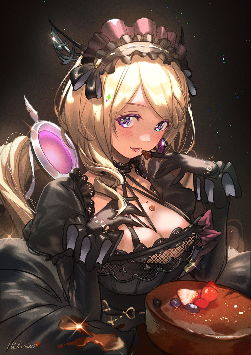 aki_rosenthal aki_rosenthal_(gothic_lolita) artist_name black_dress black_gloves blonde_hair blush breasts cake chocolate chocolate_on_body chocolate_on_breasts chocolate_on_hand choker cleavage detached_hair dress drill_hair drill_sidelocks earrings female finger_to_mouth food food_on_body food_on_hand glint gloves gothic_lolita hand_on_own_chest highres hikosan hololive jewelry large_breasts lolita_fashion long_hair looking_at_viewer maid_headdress official_alternate_costume official_alternate_hairstyle parted_bangs purple_eyes sidelocks solo tongue tongue_out virtual_youtuber