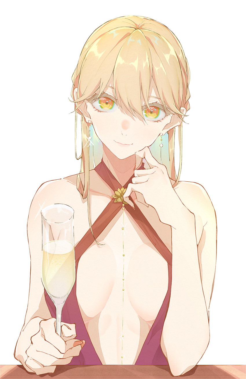 bad_id bad_twitter_id bare_shoulders blonde_hair breasts champagne_flute cleavage closed_mouth collarbone commentary counter cup dress drinking_glass e_sky_rugo earrings evening_gown female finger_to_cheek girls'_frontline hair_up halter_dress halterneck highres jewelry large_breasts looking_at_viewer official_alternate_costume ots-14_(girls'_frontline) ots-14_(ruler_of_the_banquet)_(girls'_frontline) pink_lips revealing_clothes revision sidelocks sitting smile solo symbol-only_commentary translated white_background yellow_eyes