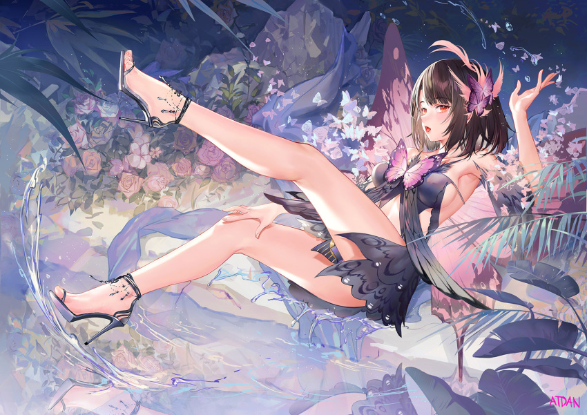 armpits atdan bare_legs bare_shoulders black_dress black_hair breasts bug butterfly butterfly_hair_ornament center_opening dress feet female hair_ornament hand_on_own_knee high_heels highres legs_up looking_at_viewer medium_breasts open_mouth original pointy_ears red_eyes revision short_dress short_hair sidelocks sleeveless sleeveless_dress solo stomach thighs wings