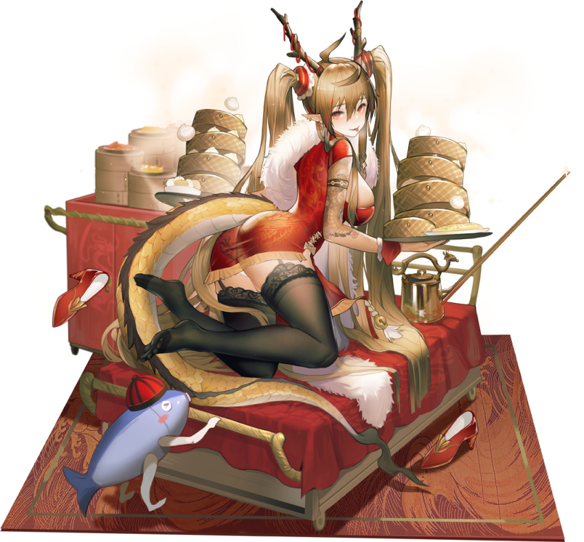 :p ahoge ark_order arm_tattoo ass bamboo_steamer baozi black_thighhighs blonde_hair breasts carpet cart china_dress chinese_clothes dragon_horns dragon_tail dress ear_piercing feet female fish food full_body garter_straps high_heels holding holding_plate horns huge_breasts lace-trimmed_legwear lace_trim long_hair looking_at_viewer multicolored_hair official_alternate_costume official_art panties piercing plate pointy_ears pot pppppan red_dress red_eyes red_footwear shoes side_slit sideboob solo sparkle streaked_hair tail tattoo tempura thighhighs toes tongue tongue_out transparent_background twintails underwear unworn_shoes very_long_hair watering_can white_panties wrist_cuffs yinglong_(ark_order)