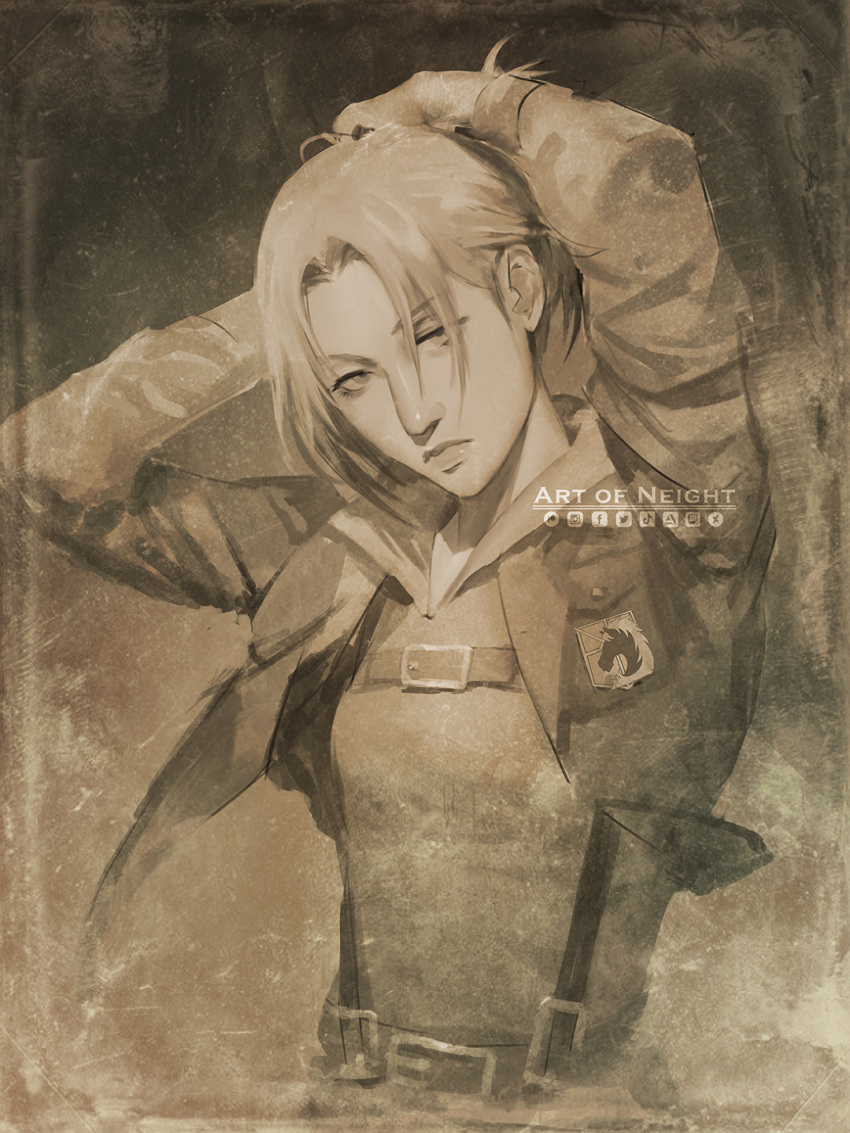 annie_leonhart aquiline_nose arms_up art_of_neight artist_name artstation_logo belt brown_theme closed_mouth commentary cropped_jacket deviantart_logo emblem english_commentary facebook_logo female hair_over_one_eye highres instagram_logo jacket logo long_sleeves military_police_brigade_(emblem) monochrome open_clothes open_jacket paradis_military_uniform parted_bangs patreon_logo sepia shingeki_no_kyojin solo suspenders tiktok_logo twitch_logo twitter_logo tying_hair upper_body v-neck