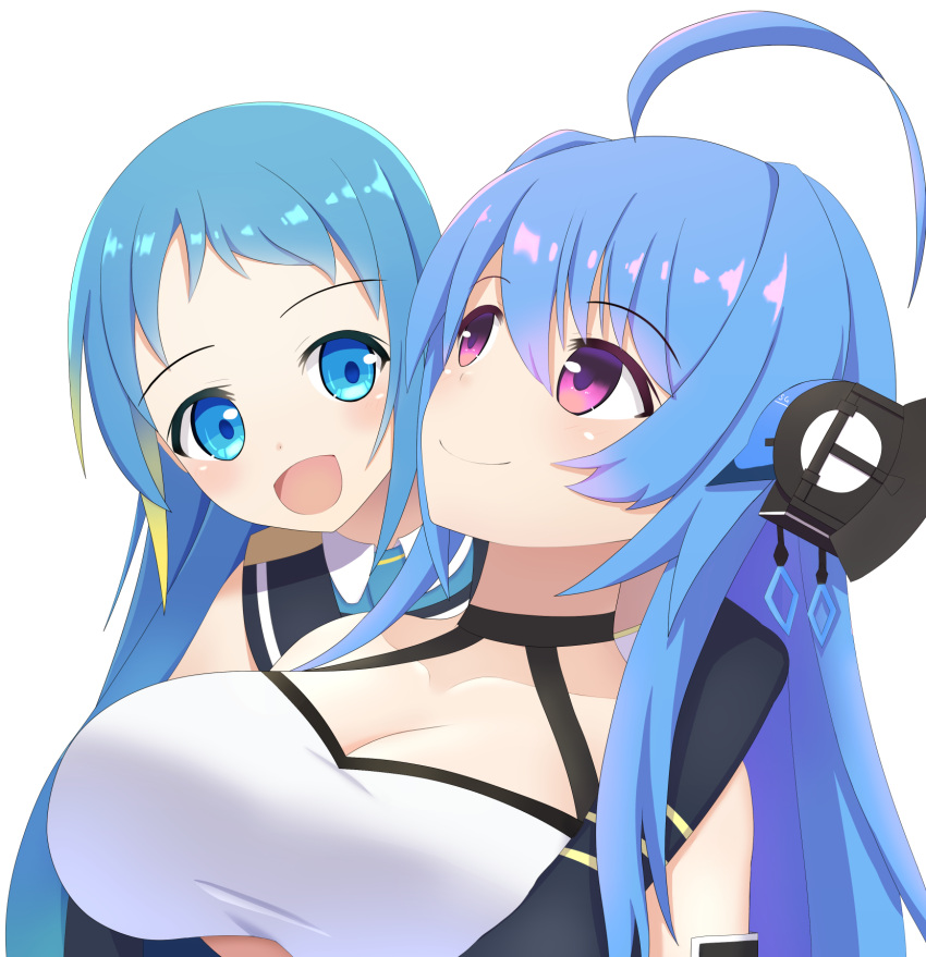 2girls ahoge azur_lane black_sailor_collar blue_eyes blue_hair blush breasts cleavage color_connection commentary_request crossover dress elbow_gloves forehead gloves gradient_hair hair_between_eyes hair_color_connection hair_ornament helena_(azur_lane) highres historical_connection hug hug_from_behind kantai_collection long_hair looking_at_another medium_breasts multicolored_hair multiple_girls neckerchief open_mouth pink_eyes sailor_collar samidare_(kancolle) school_uniform serafuku shirt simple_background sleeveless sleeveless_shirt smile sumiboshi_(zatsuha) swept_bangs upper_body very_long_hair white_background