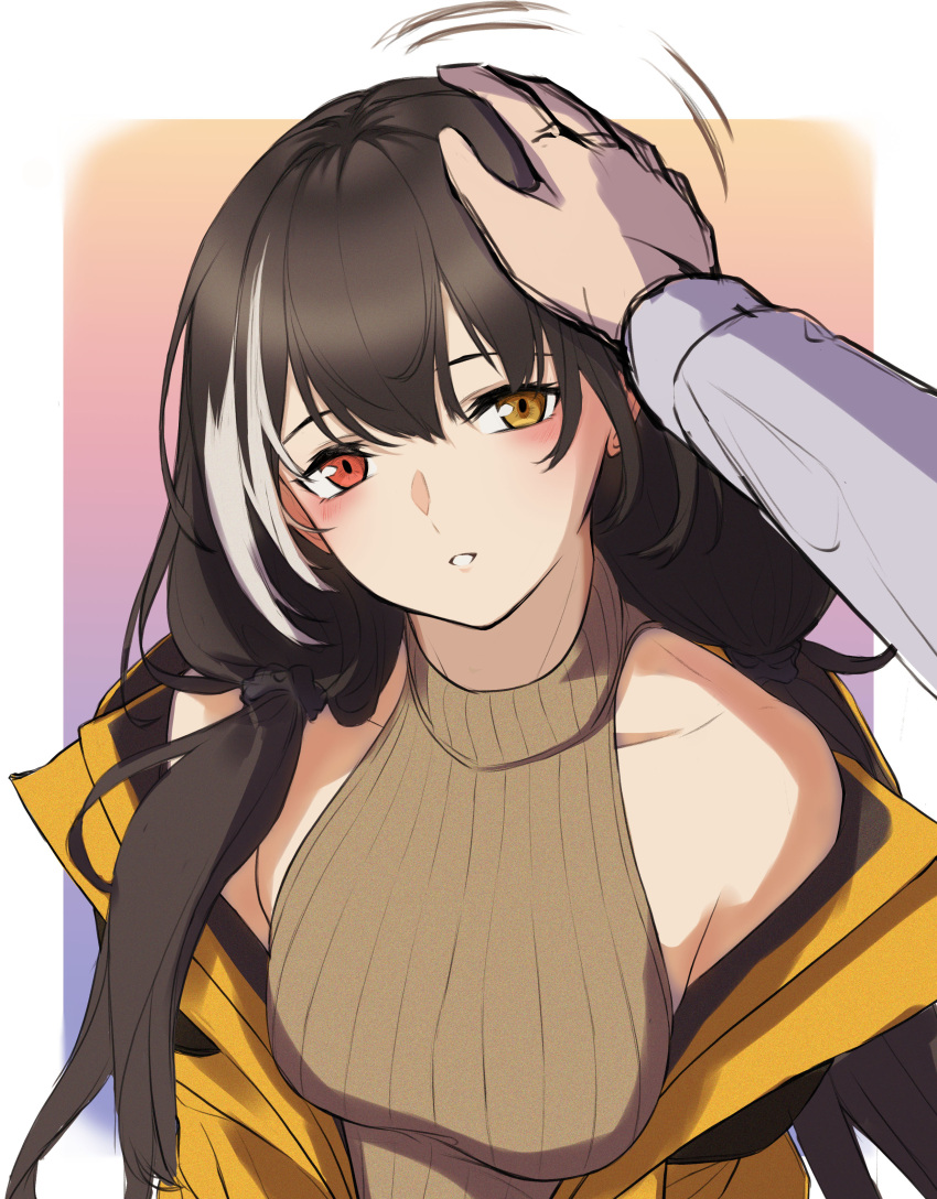 3_small_spiders :o absurdres bare_shoulders black_hair blush breasts brown_sweater_vest collarbone female girls'_frontline headpat heterochromia highres jacket long_hair looking_at_viewer low_twintails medium_breasts multicolored_hair open_clothes open_jacket open_mouth red_eyes ro635_(girls'_frontline) ro635_(mod3)_(girls'_frontline) simple_background solo sweater_vest twintails upper_body yellow_eyes yellow_jacket