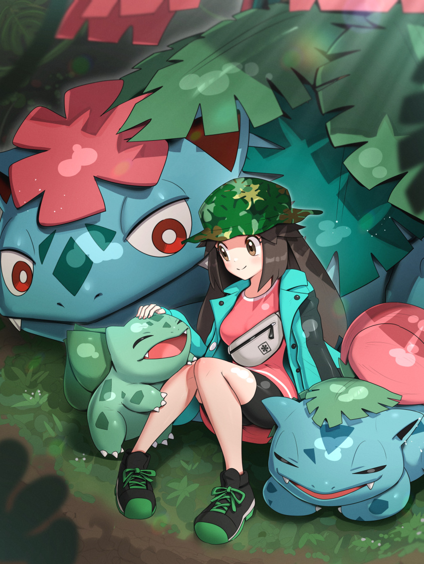 absurdres bag bike_shorts brown_hair bucket_hat bulbasaur commentary_request evolutionary_line fangs female gonzarez green_jacket hat headpat highres ivysaur jacket leaf_(pokemon) leaf_(sygna_suit)_(pokemon) leaf_print mega_pokemon mega_venusaur official_alternate_costume petting plant pokemon pokemon_(creature) pokemon_masters_ex satchel shoes sitting smile sneakers venusaur