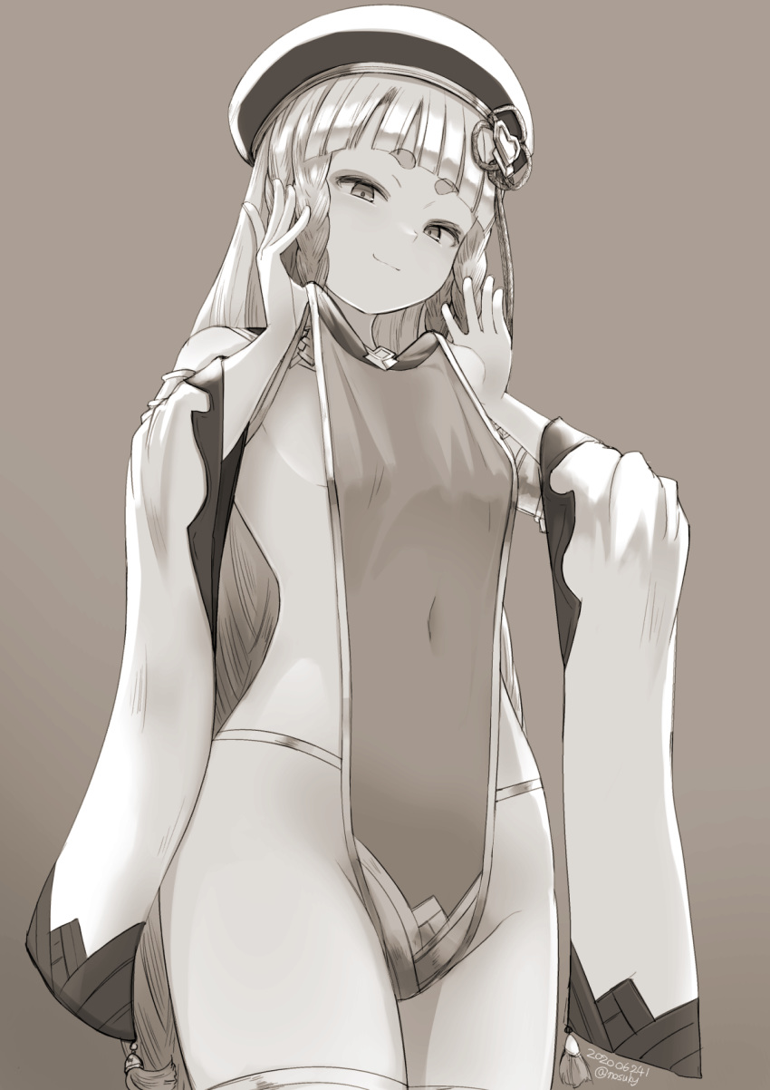 bare_shoulders beret blunt_bangs blush braid breasts closed_mouth clothes_pull covered_navel detached_sleeves erune eyeliner female granblue_fantasy grey_background greyscale hat highleg highleg_leotard highres leotard long_hair looking_at_viewer makeup monochrome multiple_braids nosuku pholia quad_braids short_eyebrows side_braids sideboob sideless_outfit simple_background smile solo thighs very_long_hair wide_sleeves