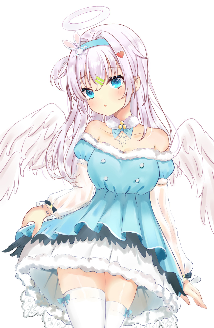 angel angel_wings bare_shoulders blue_dress blue_eyes blue_hairband collarbone commentary_request dress feathered_wings female fur-trimmed_dress fur_trim girls'_frontline hair_between_eyes hair_ornament hairband hairclip halo heart heart_hair_ornament highres layered_sleeves long_hair long_sleeves off-shoulder_dress off_shoulder official_alternate_costume one_side_up puffy_long_sleeves puffy_short_sleeves puffy_sleeves satori_(ymoy) see-through short_over_long_sleeves short_sleeves simple_background snowflake_hair_ornament solo suomi_(girls'_frontline) suomi_(korvatunturi_pixie)_(girls'_frontline) thighhighs white_background white_hair white_thighhighs white_wings wings