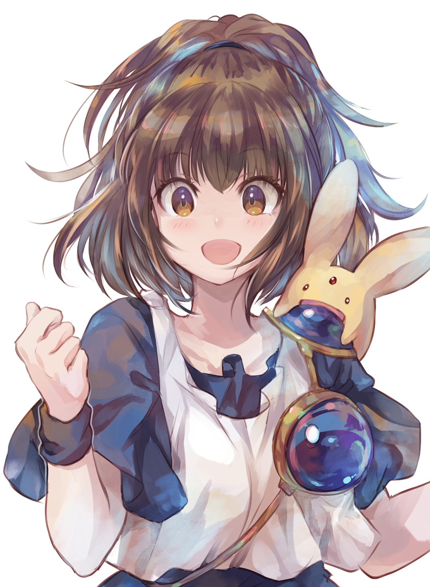 :d animal arle_nadja arm_up bad_id bad_pixiv_id black_wristband blue_bow blue_shirt bow brown_eyes brown_hair carbuncle_(puyopuyo) commentary_request female highres long_hair looking_at_viewer open_mouth ponytail puyopuyo rabbit shirt simple_background smile strap tank_top tied_hair upper_body white_background white_tank_top wide-eyed wristband yue_(lov_n_n)