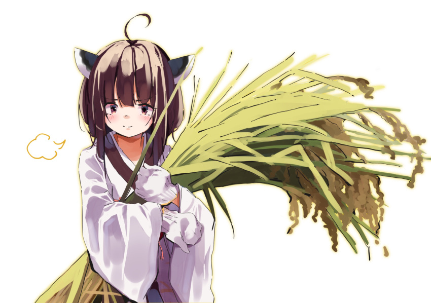 ahoge brown_eyes brown_hair closed_mouth commentary female gloves headgear hugging_object japanese_clothes kimono lamb_(hitsujiniku) long_sleeves looking_at_viewer rice_(plant) simple_background smile solo touhoku_kiritan voiceroid white_background white_gloves white_kimono wide_sleeves