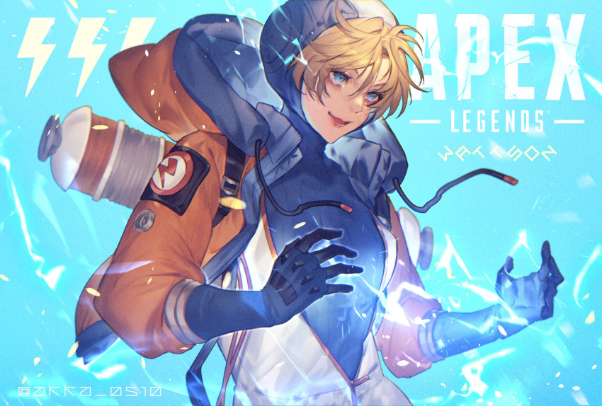 :d animification apex_legends blonde_hair blue_background blue_bodysuit blue_eyes blunt_bangs bodysuit breasts burn_scar character_name commentary_request copyright_name cropped_jacket drawstring electricity electrokinesis eyelashes female hair_between_eyes hands_up highres hood hooded_bodysuit jacket lichtenberg_figure long_sleeves looking_away mizutama_(mao11260510) open_clothes open_jacket open_mouth scar scar_on_cheek scar_on_face short_hair simple_background smile solo standing turtleneck twitter_username upper_body wattson_(apex_legends) zipper