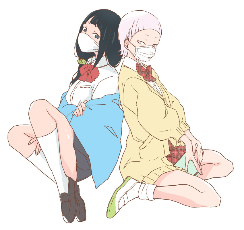 2girls accessory_connection arched_bangs back-to-back black_hair blue_eyes book cardigan chiwa_(fcwv5738) commentary crossover eyebrows grey_eyes gridman_universe hassu highres legs loafers long_hair low-tied_long_hair mask mask_senpai miniskirt mouth_mask multiple_girls necktie otome_no_teikoku red_necktie school_uniform scrunchie shirt shoes short_hair simple_background sitting skirt socks ssss.gridman surgical_mask symbol-only_commentary towel white_background white_hair white_shirt white_socks