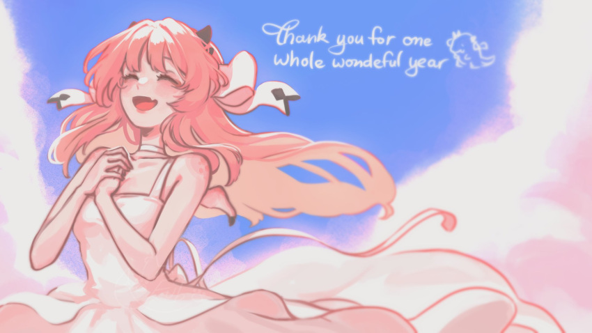 ^_^ atelier_live blush breasts choker closed_eyes cloud collarbone dragon_girl dragon_horns dress english_commentary english_text female floating_hair fubkzm highres horns kuzuryu_io long_hair oerba_yun_fang open_mouth own_hands_together skin_fang sky small_breasts smile solo thank_you virtual_youtuber white_choker white_dress