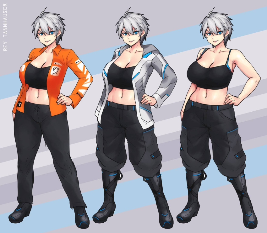 black_camisole black_pants blue_bra blue_eyes bra breasts camisole character_name cleavage collared_shirt crop_top erkaz female grey_hair hand_on_own_hip highres large_breasts looking_at_viewer midriff multiple_views navel orange_shirt original pants parted_lips print_shirt rey_tannhauser_(erkaz) shirt short_hair smile underwear