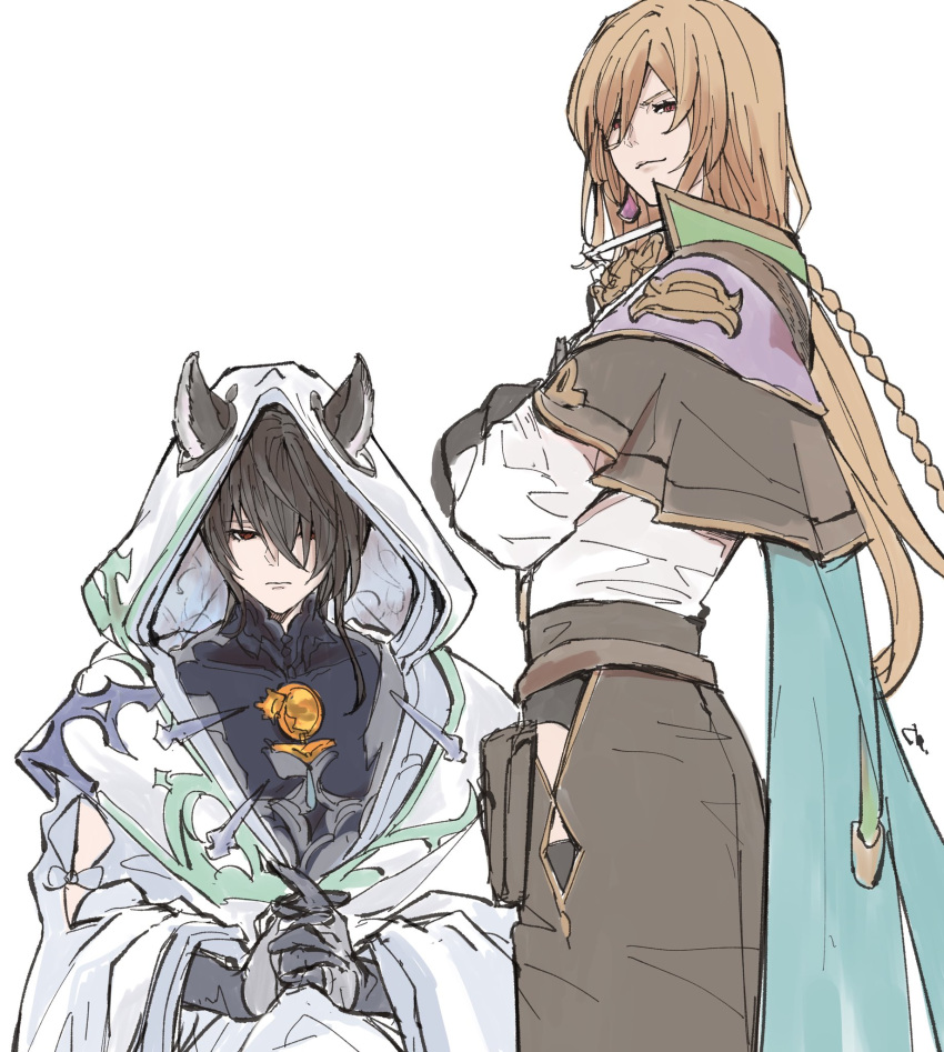 2boys animal_ears bishounen black_hair black_shirt braid brown_hair cloak clothing_cutout crossed_arms earrings erune glanbluefanta gloves granblue_fantasy hair_over_one_eye highres hood hood_up hooded_cloak interlocked_fingers jewelry lamorak_(granblue_fantasy) long_bangs long_hair long_skirt looking_at_viewer looking_down male_focus medium_hair merlin_(granblue_fantasy) multiple_boys ornament red_eyes shirt single_earring sitting skirt smirk standing thigh_cutout white_background white_shirt