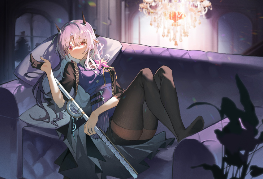 arknights black_gloves black_jacket black_shorts black_thighhighs chandelier closed_mouth commentary couch dabaijiang_memeda demon_girl demon_horns female flute full_body gloves half_gloves hibiscus_(arknights) hibiscus_the_purifier_(arknights) highres holding holding_instrument horns indoors instrument jacket long_hair looking_at_viewer lying on_couch open_clothes open_jacket pointy_ears purple_hair purple_shirt red_eyes shirt shorts single_glove smile solo split_mouth thighhighs window