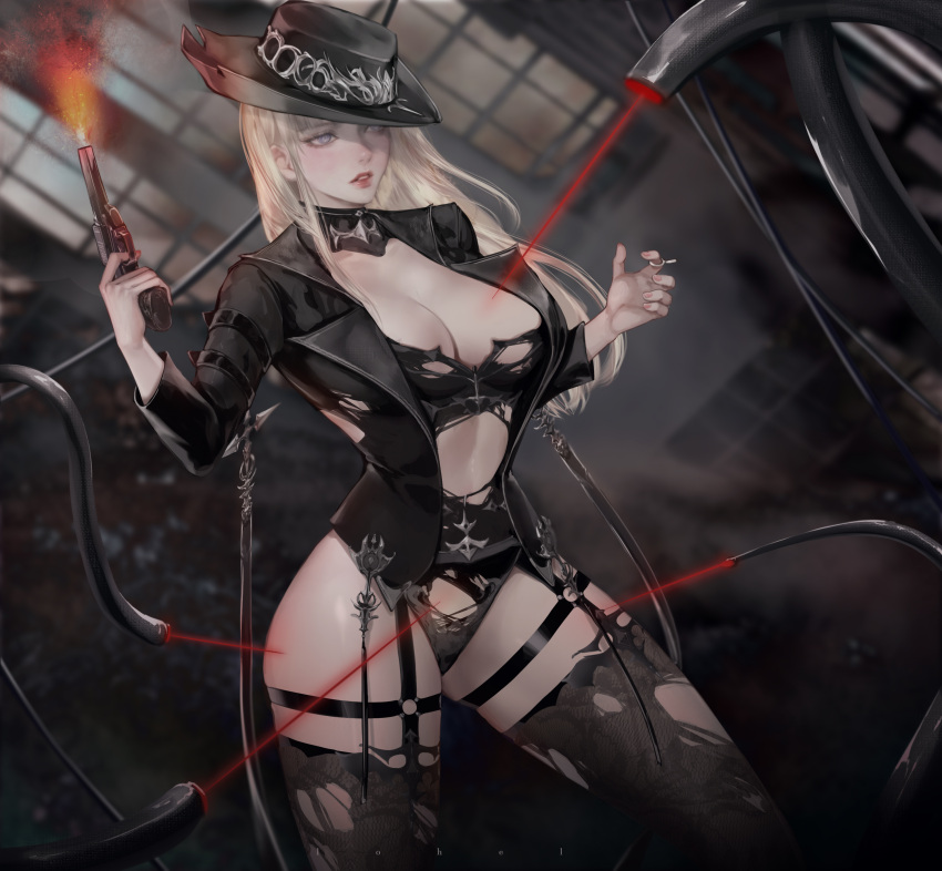 absurdres black_garter_straps black_jacket blonde_hair breasts cleavage cowboy_hat female fighting_stance garter_straps gun gunslinger_(lost_ark) hat highres holding holding_gun holding_weapon jacket lohel long_hair lost_ark solo thighhighs torn_clothes torn_jacket torn_thighhighs weapon