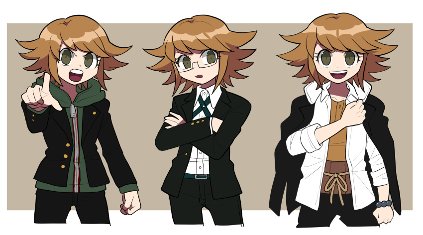 1boy :d black_jacket black_pants brown_background brown_eyes brown_hair collarbone collared_shirt commentary cosplay cropped_legs cross_tie crossed_arms danganronpa:_trigger_happy_havoc danganronpa_(series) dress_shirt fujisaki_chihiro furukawa_(yomawari) glasses green_hoodie hagakure_yasuhiro hagakure_yasuhiro_(cosplay) highres hood hoodie jacket male_focus multiple_views naegi_makoto naegi_makoto_(cosplay) open_clothes open_jacket open_mouth pants pointing pointing_at_viewer shirt short_hair smile standing togami_byakuya togami_byakuya_(cosplay) white_shirt zipper