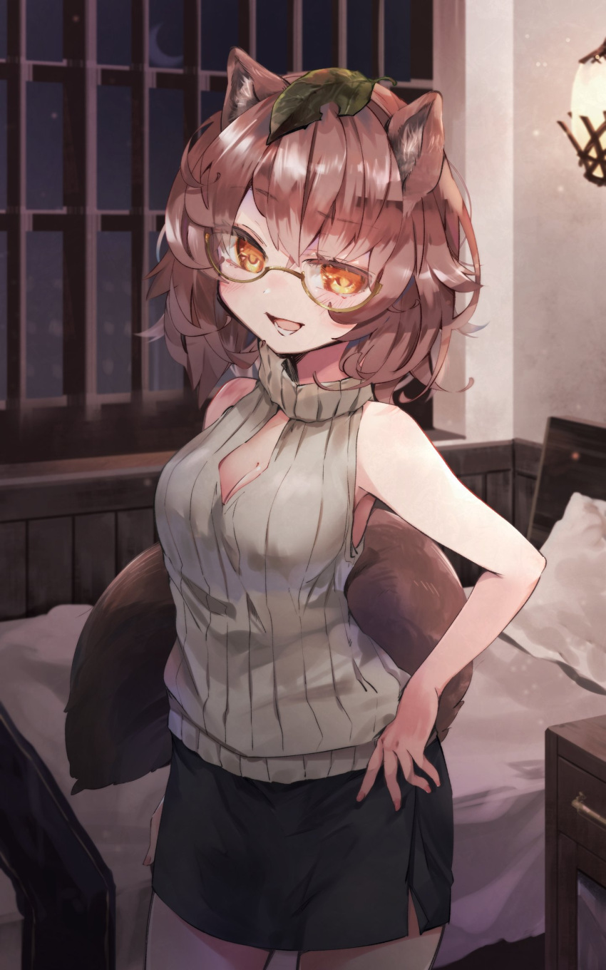 :d animal_ear_fluff animal_ears bare_arms bare_shoulders bed black_skirt breasts brown_hair cleavage_cutout clothing_cutout commentary commission cowboy_shot crescent_moon eyes_visible_through_hair female glasses grey_sweater gyoubu_danuki_(monster_girl_encyclopedia) hair_between_eyes hands_on_own_hips highres indoors lamp leaf leaf_on_head light_blush looking_at_viewer medium_breasts medium_hair monster_girl_encyclopedia moon nanana_(nanana_iz) night open_mouth orange_eyes original pencil_skirt pillow raccoon_ears raccoon_girl raccoon_tail ribbed_sweater semi-rimless_eyewear skeb_commission skirt sleeveless sleeveless_sweater sleeveless_turtleneck smile solo sweater tail turtleneck turtleneck_sweater under-rim_eyewear window yellow-framed_eyewear