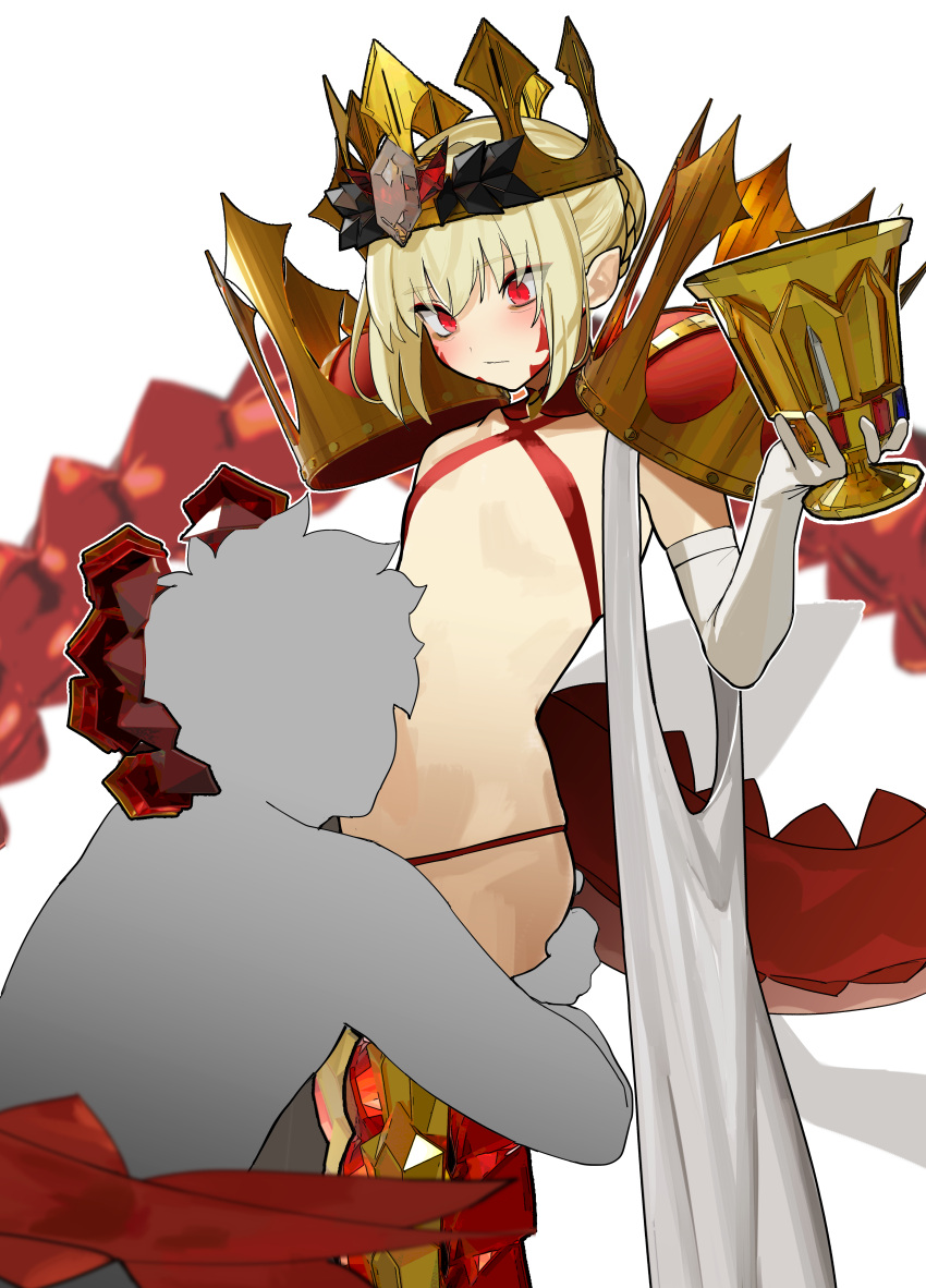 1boy absurdres ahoge bikini blonde_hair blush braid breasts chalice criss-cross_halter crown cup dragon_claw dragon_tail elbow_gloves facial_mark fate/grand_order fate_(series) female french_braid gloves gold_crown hair_bun hair_intakes hair_ribbon halterneck highres jikatarou kissing_stomach long_hair nero_claudius_(fate) open_clothes pointed_crown pointy_ears queen_draco_(fate) queen_draco_(second_ascension)_(fate) red_bikini red_eyes red_ribbon ribbon robe scales small_breasts swimsuit tail thighs white_gloves white_robe