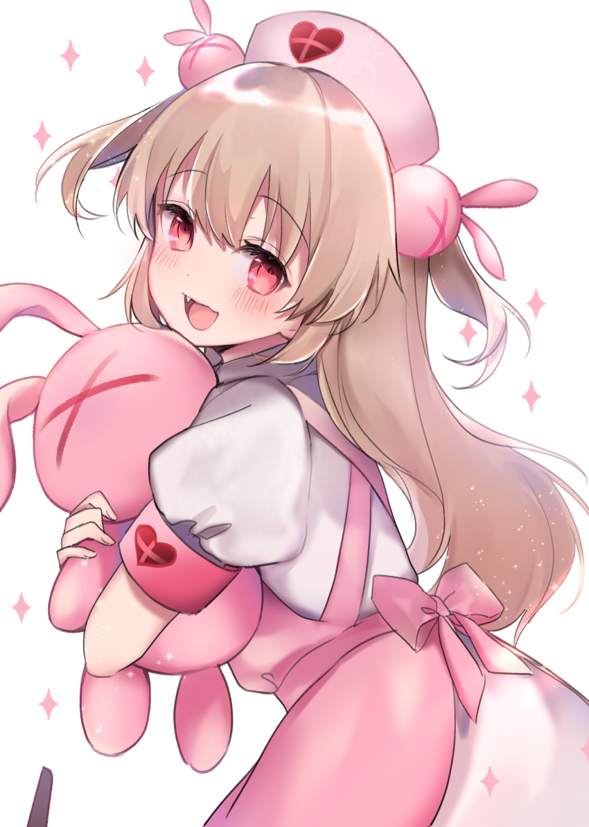 >_< :d apron armband back_bow blush bow brown_hair commentary_request female hair_between_eyes hair_ornament hat heart highres hugging_object long_hair long_sleeves looking_at_viewer looking_to_the_side natori_sana nurse_cap oerba_yun_fang open_mouth pink_apron pink_bow pink_hat puffy_long_sleeves puffy_sleeves rabbit_hair_ornament red_eyes sana_channel shirt simple_background skirt smile solo sparkle stuffed_animal stuffed_rabbit stuffed_toy two_side_up very_long_hair virtual_youtuber white_background white_shirt white_skirt yukimiya_yuge