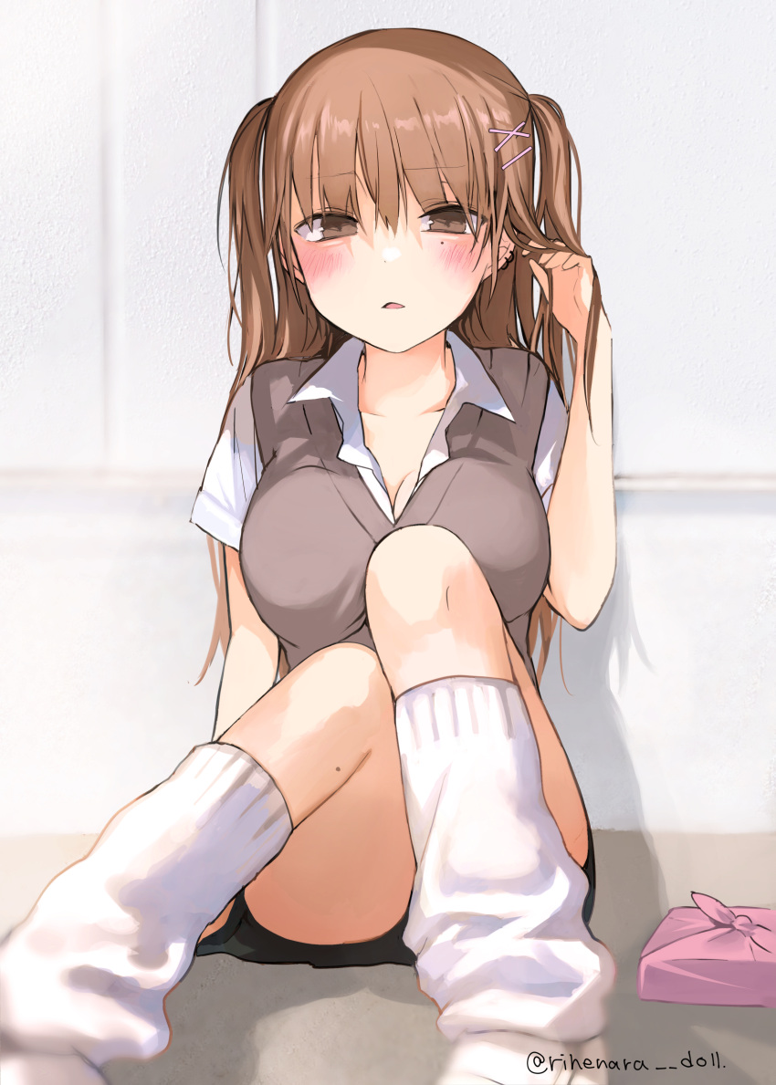 absurdres blush breasts brown_eyes brown_hair cleavage commentary_request female highres large_breasts long_hair looking_at_viewer loose_socks mole mole_under_eye original school_uniform short_sleeves sitting socks solo twitter_username two_side_up yukari_(rihenara_doll)