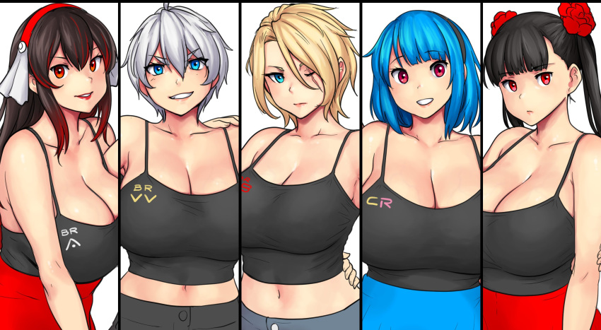 5girls abigail_fahrenheit black_hair black_hairband blonde_hair blue_eyes blue_hair breasts cleavage erkaz flower gradient_hair grey_hair hair_between_eyes hair_flower hair_ornament hairband highres huge_breasts karinka_katyusha_(erkaz) midriff multicolored_hair multiple_girls navel one_eye_closed original parted_lips red_eyes red_flower red_hair red_hairband rey_tannhauser_(erkaz) rina_atherina scar scar_across_eye simple_background smile white_background yukihana_(erkaz)