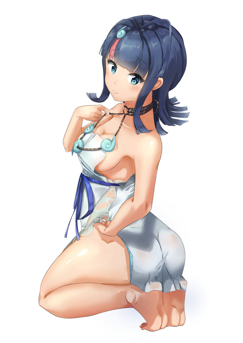 absurdres ahoge ass bare_shoulders black_hair blue_eyes blue_ribbon blush breasts cleavage closed_mouth collarbone dress fate/grand_order fate/requiem fate_(series) feet female hand_on_own_hip highres jewelry kneeling large_breasts leaning_to_the_side looking_at_viewer magatama magatama_hair_ornament medium_hair multicolored_hair necklace pelvic_curtain pink_hair ribbon short_dress sideboob sideless_outfit sidelocks simple_background sleeveless sleeveless_dress smile solo streaked_hair thighs user_rtnw4728 utsumi_erice white_background white_dress