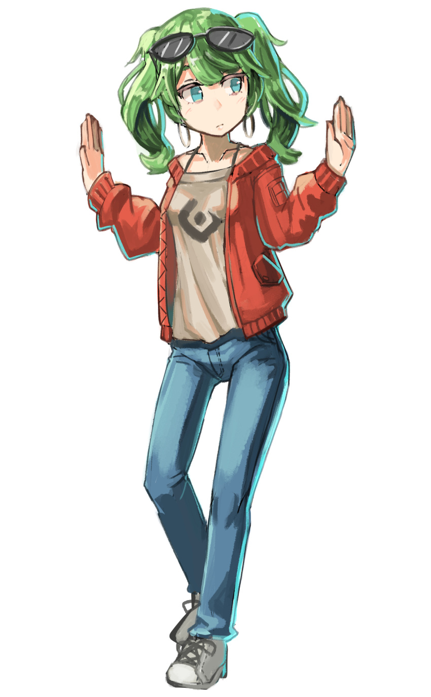 absurdres aqua_eyes commentary denim eyewear_on_head female full_body green_hair hands_up hatsune_miku highres jacket jeans looking_to_the_side medium_hair pants propellerwalker red_jacket shirt shoes sneakers solo spaghetti_strap standing suna_no_wakusei_(vocaloid) sunglasses twintails vocaloid white_background white_footwear white_shirt