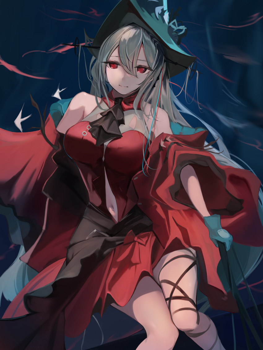 arknights bare_legs bare_shoulders black_sash blue_headwear clothing_cutout commentary detached_sleeves feet_out_of_frame female grey_hair highres long_hair long_sleeves navel navel_cutout official_alternate_costume red_eyes sash sinoda skadi_(arknights) skadi_the_corrupting_heart_(arknights) solo wide_sleeves