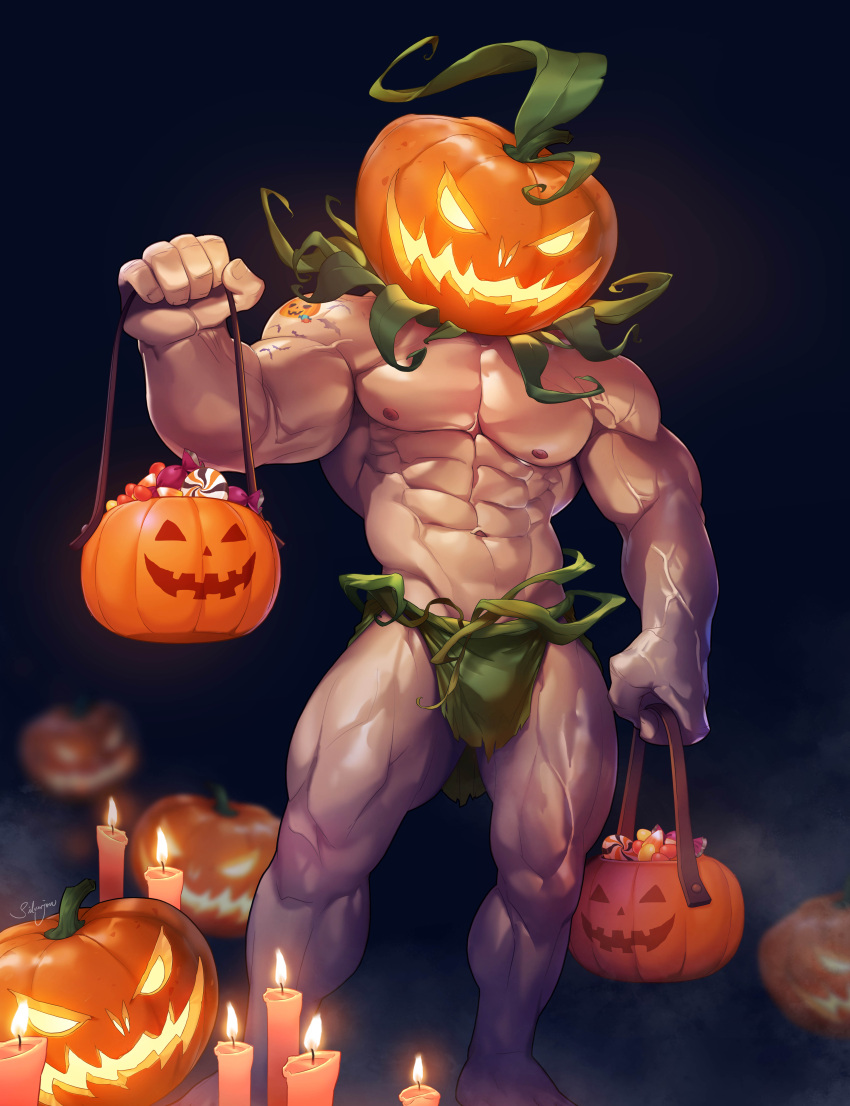 1boy abs absurdres bara black_hair briefs candle candy feet_out_of_frame food glowing halloween halloween_costume highres jack-o'-lantern jack-o'-lantern_head large_pectorals male_focus male_underwear muscular muscular_male navel nipples original patreon_username pectorals pumpkin pumpkin_costume pumpkin_hat short_hair silverjow solo thick_thighs thighs topless_male underwear veins