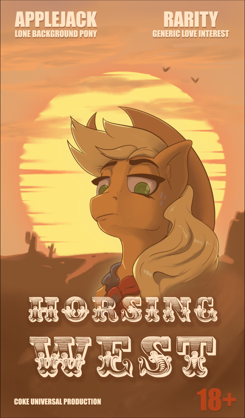 absurd_res applejack_(mlp) cactus clothing cocaine_(artist) conditional_dnp cowboy_hat earth_pony english_text equid equine female feral friendship_is_magic hasbro hat headgear headwear hi_res horse mammal movie_poster my_little_pony plant pony poster poster_template solo sun sunset text title western