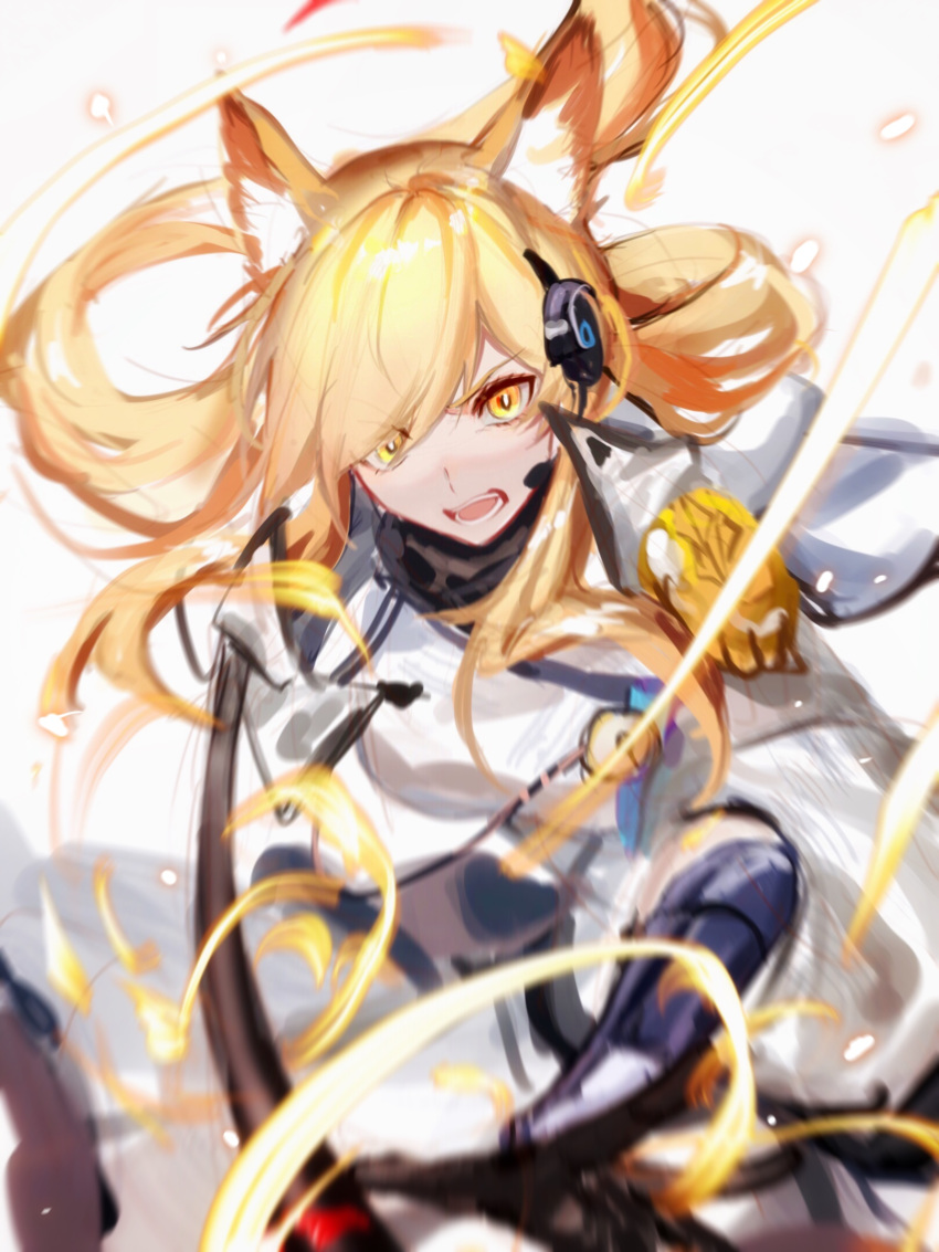 animal_ear_fluff animal_ears arknights armor bell blonde_hair chinese_commentary commentary_request female fighting_stance floating_hair grey_background headphones headset highres holding holding_weapon horse_ears implied_extra_ears long_hair looking_at_viewer nearl_(arknights) nearl_the_radiant_knight_(arknights) official_alternate_costume open_mouth originium_arts_(arknights) simple_background solo teeth upper_body weapon white_background yellow_eyes zuo_daoxing