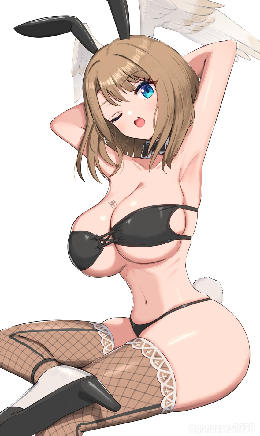 ;o absurdres animal_ears armpits arms_behind_head arms_up bandeau black_bow black_bowtie black_panties blue_eyes bow bowtie breast_tattoo breasts brown_hair bunnytop_(xenoblade_x) cleavage commentary_request detached_collar eunie_(xenoblade) fake_animal_ears fake_tail female fishnet_thighhighs fishnets gonzarez head_wings high_heels highres large_breasts looking_at_viewer medium_hair midriff navel one_eye_closed open_mouth panties rabbit_ears rabbit_tail simple_background sitting skindentation solo stomach strapless tail tattoo thighhighs thighs underwear white_background wings xenoblade_chronicles_(series) xenoblade_chronicles_3 xenoblade_chronicles_x