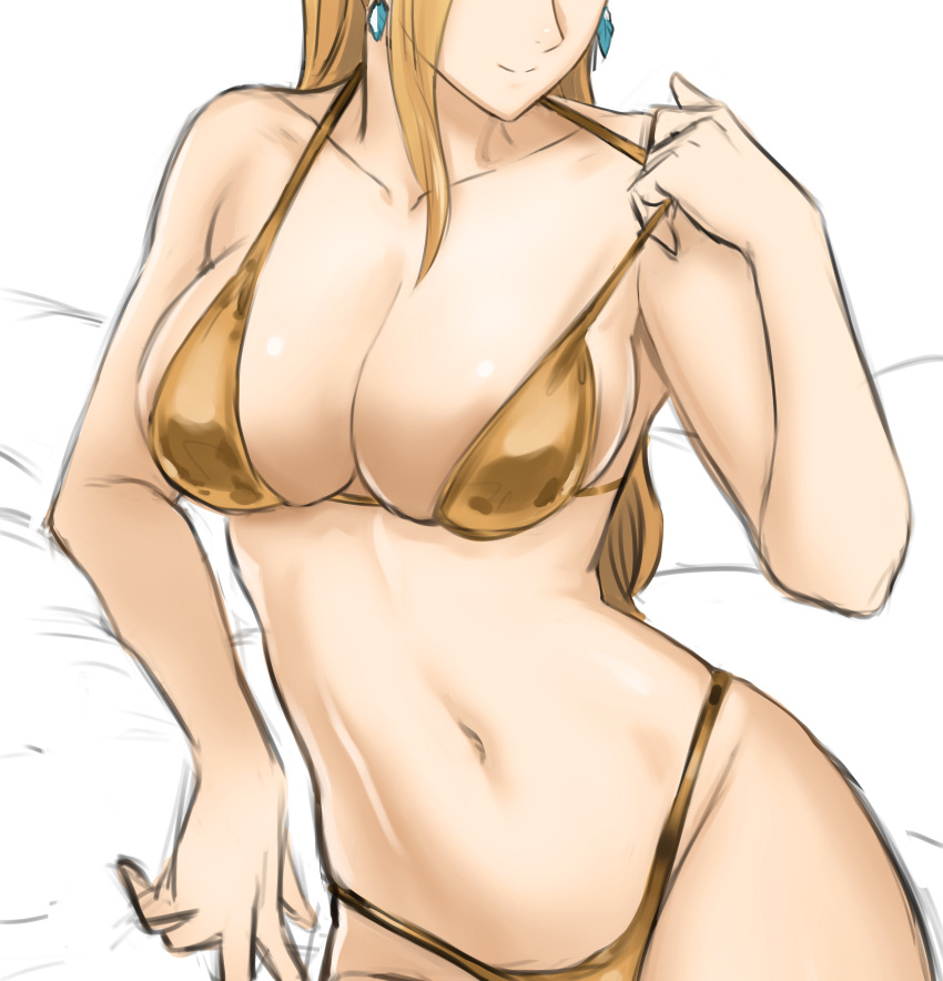 absurdres bare_arms bare_shoulders bed_sheet bikini blonde_hair breasts cleavage collarbone commentary crystal_earrings dinelind_(drill_(emilio)) drill_(emilio) earrings female gold_bikini groin head_out_of_frame highres jewelry large_breasts long_hair navel original smile solo stomach strap_pull swimsuit