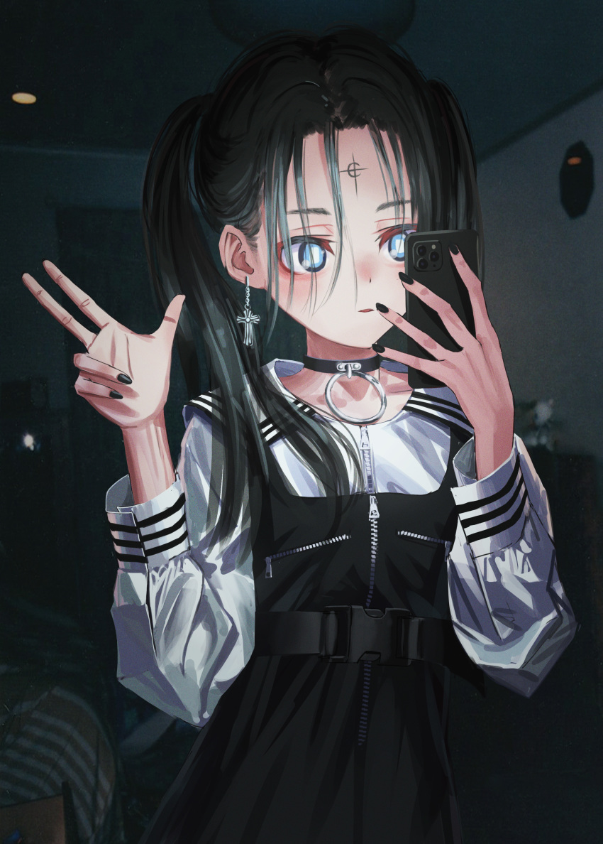 absurdres black_choker black_hair black_nails blue_eyes cellphone choker cross dress earrings facial_tattoo female gishiki_(gshk) hair_between_eyes hands_up highres holding holding_phone indoors iphone_11_pro jewelry lolicon long_hair long_sleeves looking_at_phone original parted_lips phone selfie smartphone solo tattoo twintails upper_body w zipper