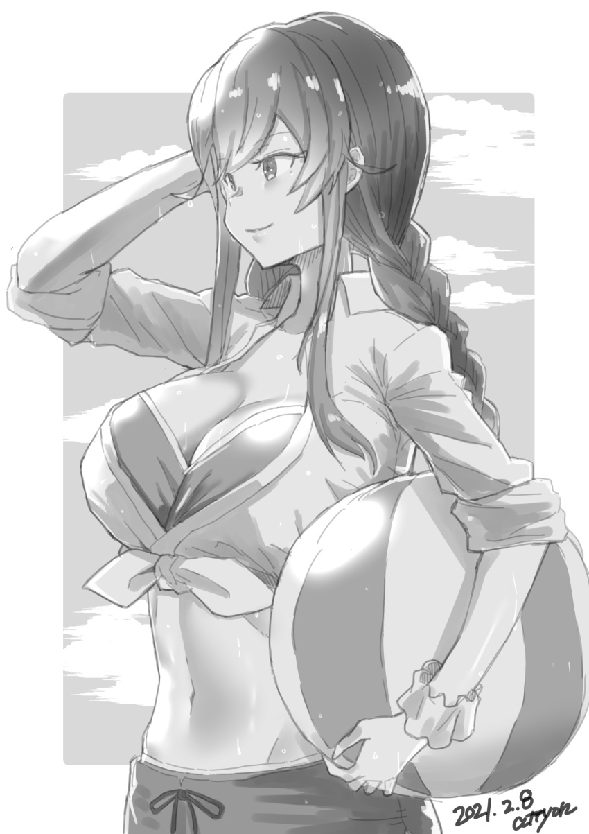 absurdres attyon ball beachball bikini bikini_top_only braid breasts cleavage cloud commentary dated female greyscale highres kantai_collection looking_to_the_side midriff monochrome noshiro_(kancolle) scrunchie shirt signature solo swept_bangs swimsuit tied_shirt twin_braids upper_body