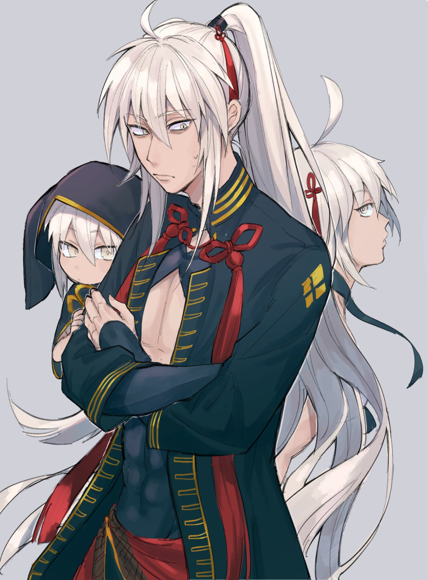 2boys black_jacket cleavage_cutout clothing_cutout commentary_request covered_abs crossed_arms dark-skinned_female dark-skinned_male dark_skin fate/grand_order fate_(series) female genderswap_(ftm) grey_eyes highres ichiya1115 jacket long_hair long_sleeves male_focus multiple_boys okita_souji_(fate) okita_souji_alter_(fate) okita_souji_alter_(swimsuit_saber)_(fate) rengoku_(fate) rengoku_(first_ascension)_(fate) rule_63 scarf sidelocks solo_focus sweatdrop tied_hair very_long_hair