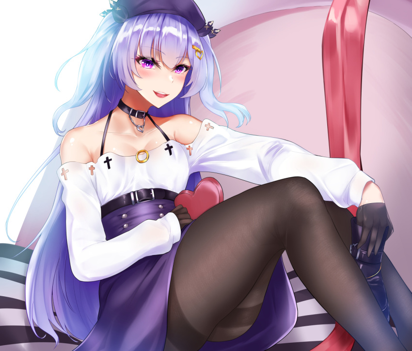 ajax_(azur_lane) ajax_(valentine's_reward?)_(azur_lane) azur_lane bare_shoulders black_choker black_gloves black_pantyhose blue_hair blush boots breasts choker collarbone dress female gift gloves hat highres holding holding_gift jewelry kuzya long_hair looking_at_viewer necklace open_mouth pantyhose purple_eyes purple_hat simple_background sitting small_breasts solo thighs unworn_boots valentine