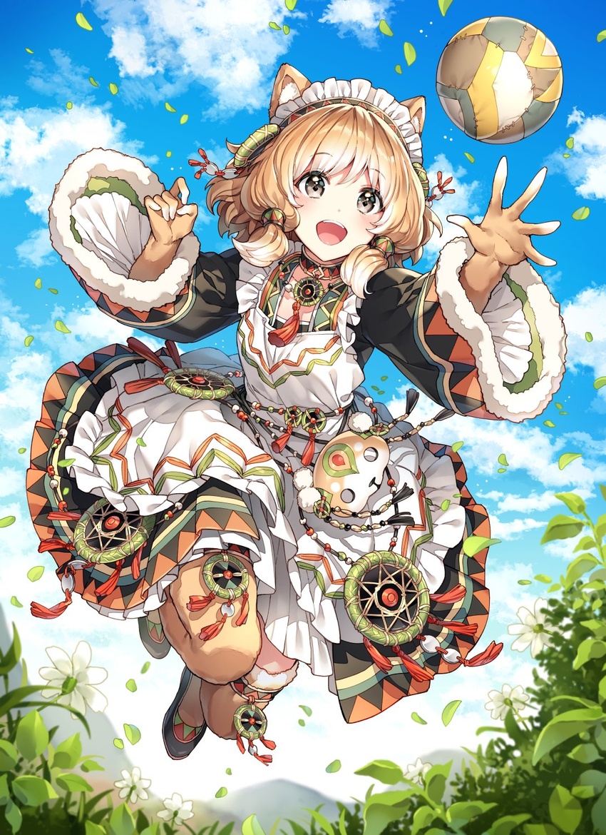 :d animal_ear_fluff animal_ears apron ball black_dress black_eyes black_footwear blue_sky blush brown_hair chain_chronicle chirolulu_(chain_chronicle) cloud commentary day dress female flower full_body fur-trimmed_sleeves fur_trim highres jumping long_hair long_sleeves maid_headdress nardack open_mouth outdoors plant pleated_dress shoes sky smile solo white_apron white_flower wide_sleeves